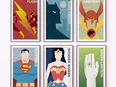 Framed Superhero Posters Featuring Flash Batman Superman Wonder Woman Retro Design 3d model