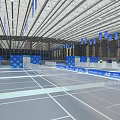 Indoor Sports Fitness Venue With Multiple Tennis Courts Blue Flooring Ceiling Lights And Side Banners