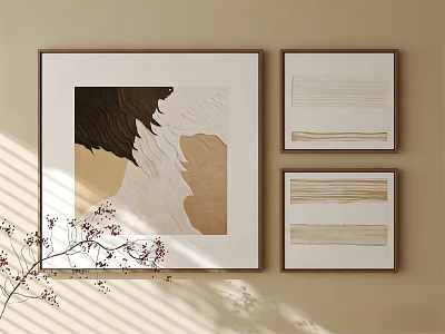 Beige Wall with Three Framed Oil Paintings Abstract Design Dark Light Tones Sunlight Shadows 3d model