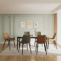 Elegant Dining Table Set Featuring Marble Top Six Brown Chairs Black Legs and Golden Accents