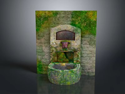 Moss Covered Stone Fountain With Arched Niche And Brick Wall Background 3d model