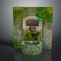 Moss Covered Stone Fountain With Arched Niche And Brick Wall Background