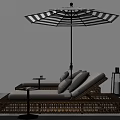 Rattan Outdoor Lounge Chairs With Gray Cushions Striped Umbrella And Side Table
