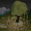 Cartoon Ancient Ruins Scene With Big Tree Broken Stone Pillars And Rocky Mountains