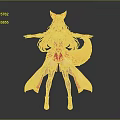 Game Fantasy Female Character with Red Hair Fox Ears Tail and Ornate Red Gold Outfit