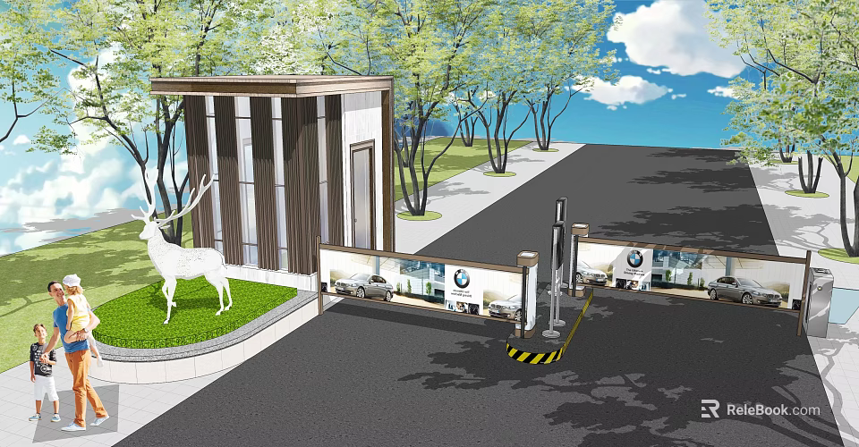 Modern Building Exterior Wall With Trees Grass White Deer Statue And Entrance Area 3d model 