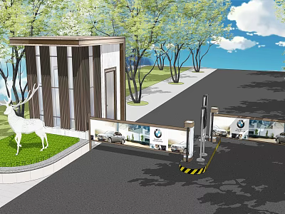 Modern Building Exterior Wall With Trees Grass White Deer Statue And Entrance Area 3d model