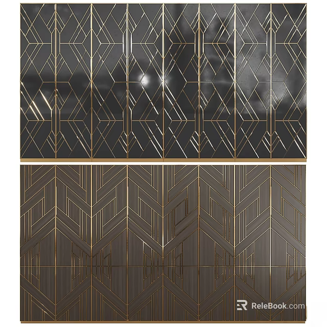 Elegant Modern Dresser With Geometric Patterns And Gold Accent Lines On Dark Panels 3d model 