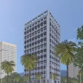 Modern High Rise Office Building With Many Windows And Green Trees Under Blue Sky