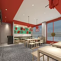 Chinese Restaurant Interior With Red Ceiling Red Pendant Lights Wooden Tables And Noodle Neon Decorations