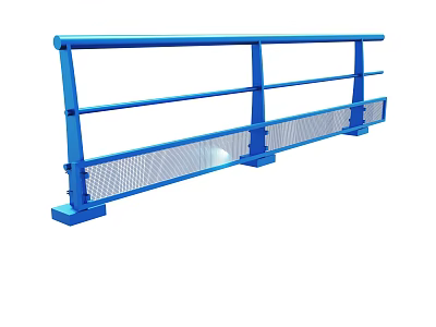 Blue Metal Guardrail Structure With Horizontal Bars And Mesh Panel 3d model