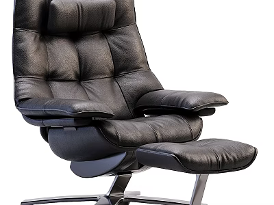 Modern Comfortable Black Leather Recliner Chair With Ottoman And Metal Base 3d model