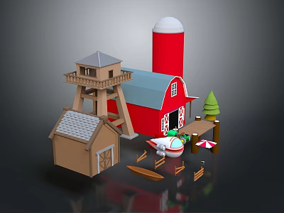 3D Farm Model Featuring Red Barn Water Tower Cottage Boat Trees And Fence 3d model