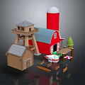 3D Farm Model Featuring Red Barn Water Tower Cottage Boat Trees And Fence