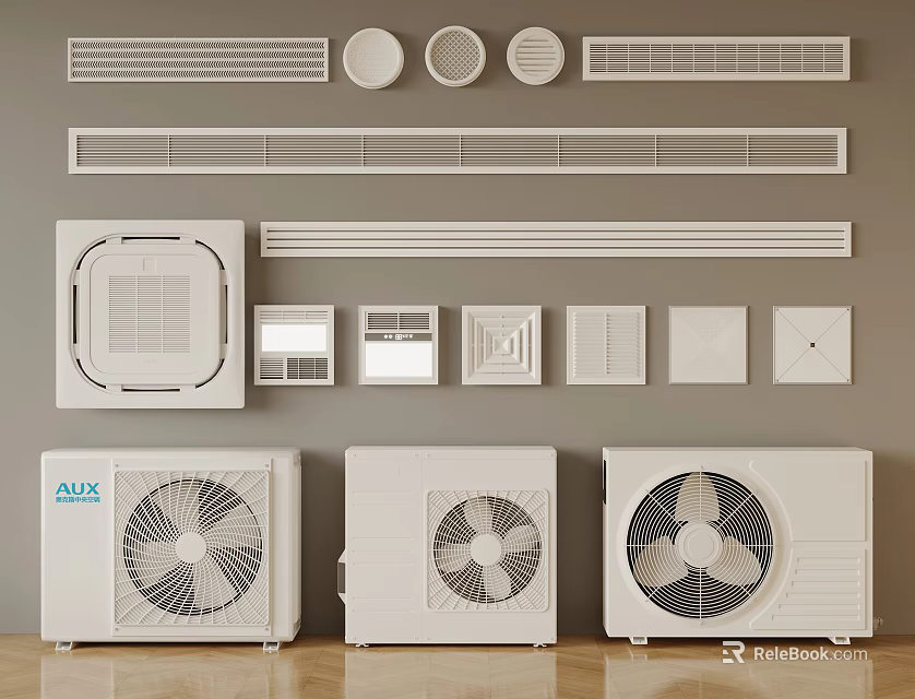 Modern Air Conditioner Vents With Grille Circular Square Designs And Outdoor Units 3d model 