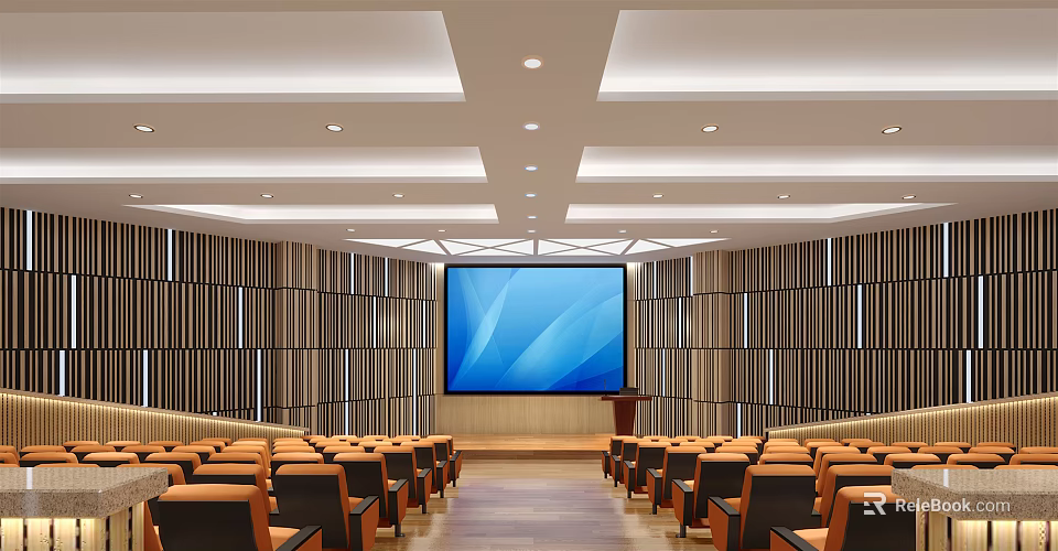 Modern Conference Room Interior With Large Screen Seats Wooden Wall Panels And Ceiling Lighting 3d model 