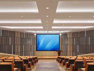 Modern Conference Room Interior With Large Screen Seats Wooden Wall Panels And Ceiling Lighting 3d model