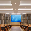 Modern Conference Room Interior With Large Screen Seats Wooden Wall Panels And Ceiling Lighting