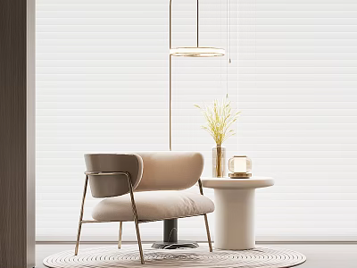 Beige Accent Chair with Metal Legs Near Round Side Table Pendant Light and Roller Blinds 3d model