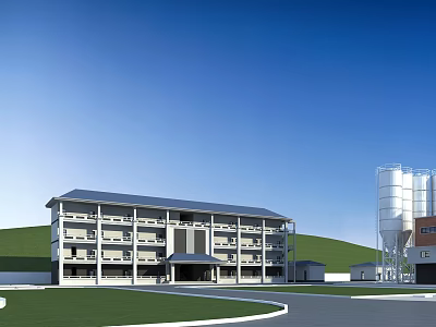 Modern Multi Story Industrial Factory Building With Metal Roof Storage Silos And Green Landscape 3d model