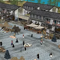 Traditional Ancient Architecture Waterfront Scene with Wooden Bridges Boats and People Gathering