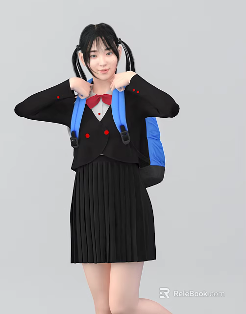 A woman in black uniform with red bow tie and double ponytail carrying blue backpack 3d model 