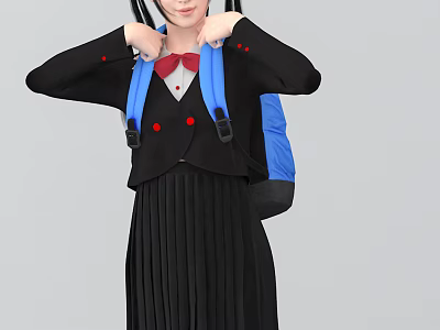 A woman in black uniform with red bow tie and double ponytail carrying blue backpack 3d model