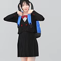 A woman in black uniform with red bow tie and double ponytail carrying blue backpack