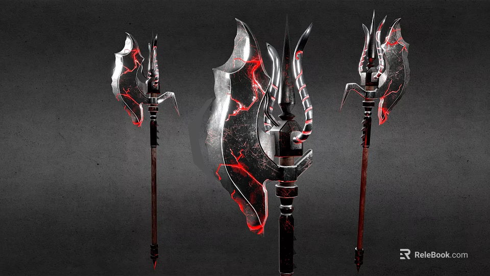 Metallic Battle Axes With Red Glowing Patterns And Sharp Blades Against Dark Background 3d model 