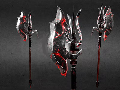 Metallic Battle Axes With Red Glowing Patterns And Sharp Blades Against Dark Background 3d model