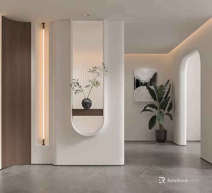 Modern Minimalist Entryway Hallway With White Walls Wooden Accent Circular Mirror Potted Plant And Lighting 3d model 