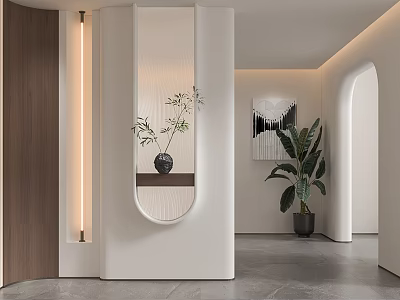 Modern Minimalist Entryway Hallway With White Walls Wooden Accent Circular Mirror Potted Plant And Lighting 3d model