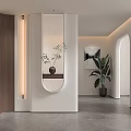 Modern Minimalist Entryway Hallway With White Walls Wooden Accent Circular Mirror Potted Plant And Lighting