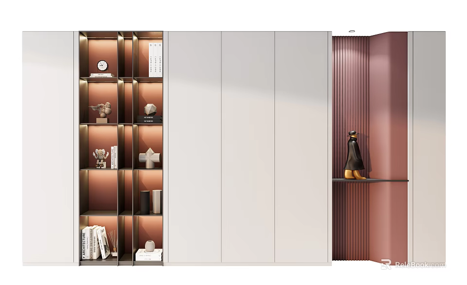 Modern Bookcase Interior Design With White Finish Lighting Books And Decorative Pieces 3d model 