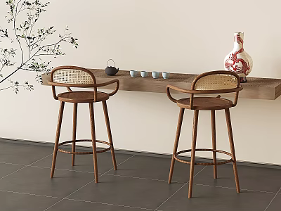 Wooden Tea Table with Rattan Backrest Bar Stools and Tea Set Decorative Vase Near Potted Plant 3d model