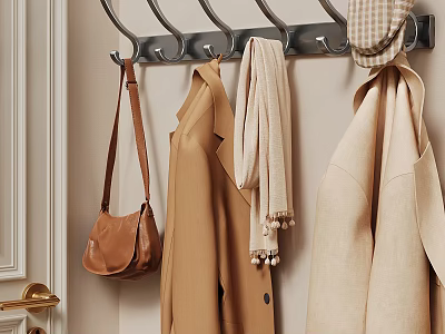 Everyday Coat Hanger with Leather Bag Beige Coat Scarf and Hat in Entrance Hallway 3d model