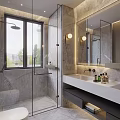 Luxurious Bathroom With Marble Walls Illuminated Mirror Glass Shower And Vanity