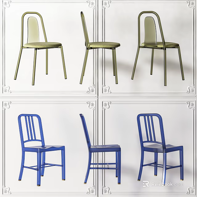 Green and Blue Modern Dining Chairs With Simple Design and Metal Legs 3d model 