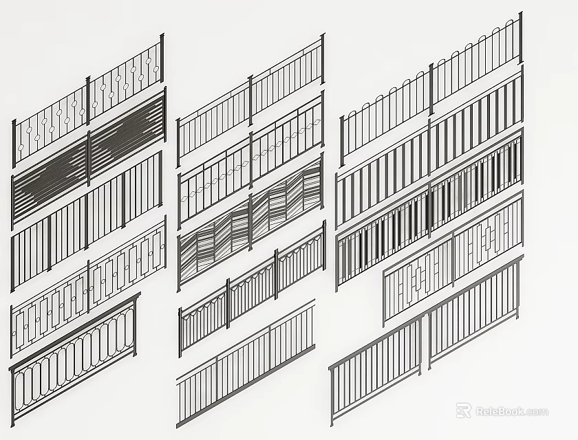 Various Fence Designs With Different Rail Patterns And Styles Illustration 3d model