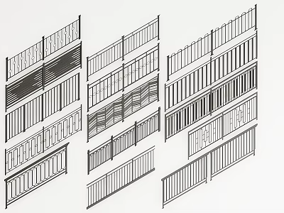 Various Fence Designs With Different Rail Patterns And Styles Illustration 3d model
