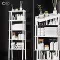 Organized White Shelving With Laundry Cleaning Supplies Storage Jars And Paper Rolls