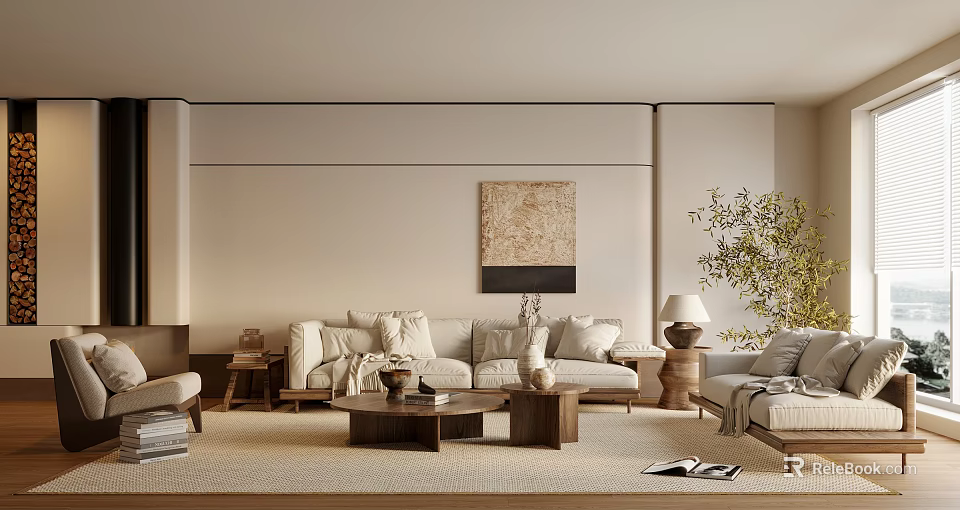 Modern Living Room Interior With Beige Sofa Coffee Table Area Rug Decorative Painting Potted Plant 3d model 