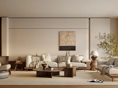Modern Living Room Interior With Beige Sofa Coffee Table Area Rug Decorative Painting Potted Plant 3d model