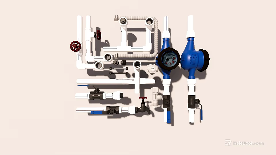 Various Plumbing Installation Components Including Pipes Valves Meters And Fittings 3d model 