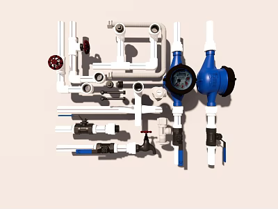 Various Plumbing Installation Components Including Pipes Valves Meters And Fittings 3d model