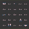 Man's Hands Displaying Various Pink and Blue Gestures Arranged in Rows on Dark Background