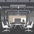 Modern Conference Room Interior With Long Table White Black Chairs Large Windows Linear Ceiling Lights 3d model