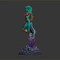 Detailed Fantasy Character Figure With Green Hair Orange Blue Outfit And Purple Blue Base