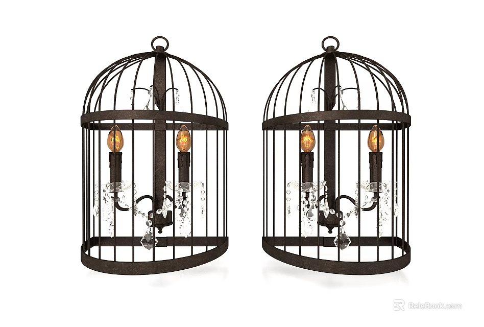 Stylish Birdcage Wall Lamps With Black Metal Frame And Candle Shaped Bulbs 3d model 