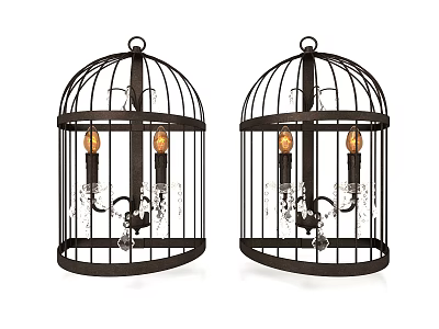 Stylish Birdcage Wall Lamps With Black Metal Frame And Candle Shaped Bulbs 3d model